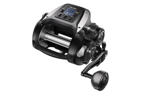 Piscifun AtlantiX 12000 black and silver electric fishing reel with LCD display, power handle, and aluminum body for deep-sea fishing.
