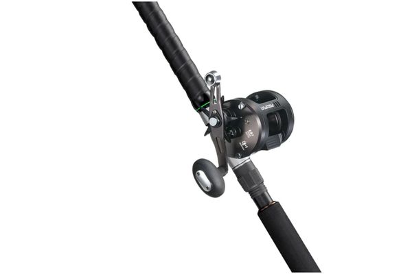Piscifun Chaos Pro black baitcasting reel mounted on a LumiCat II catfish fishing rod with blue accents and LED tip.