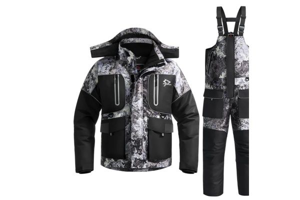 Piscifun insulated ice fishing jacket and bibs in gray camouflage with black waterproof panels.