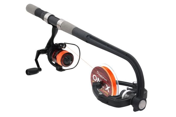 Piscifun fishing line spooler with adjustable clamp and spinning reel for easy line winding.