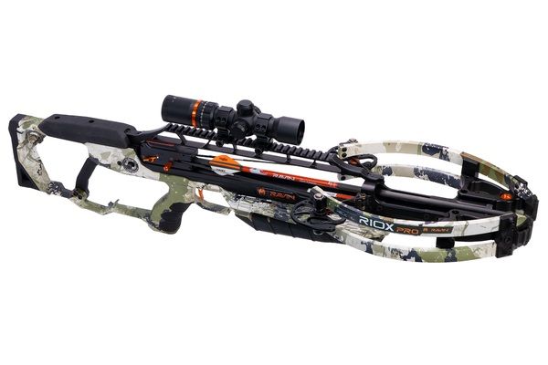 Ravin R10X Pro XK7 crossbow with camouflage finish, mounted illuminated scope, and adjustable stock.