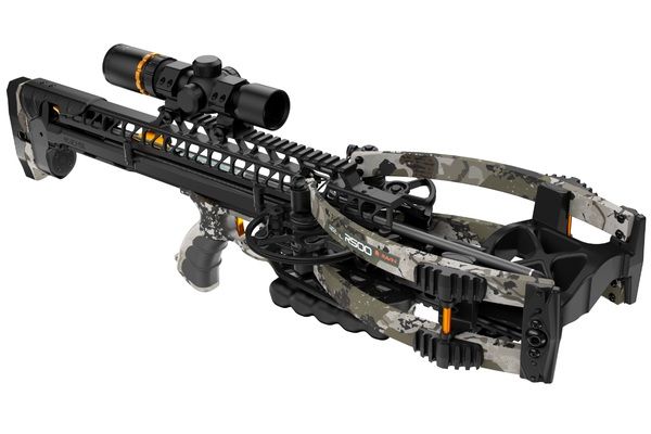 Ravin R500 XK7 crossbow featuring XK7 camouflage, mounted scope, and HexCoil Cam System.