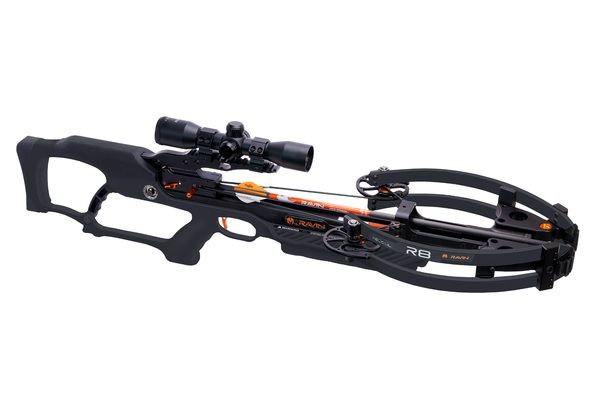Ravin R8 crossbow in black with mounted illuminated scope and HeliCoil technology.