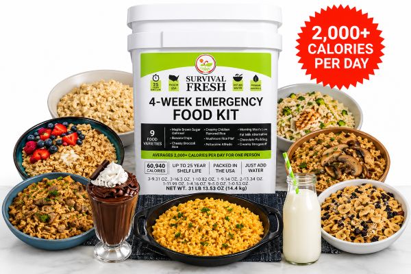Survival Fresh four-week emergency food kit in a white storage bucket surrounded by prepared meals.