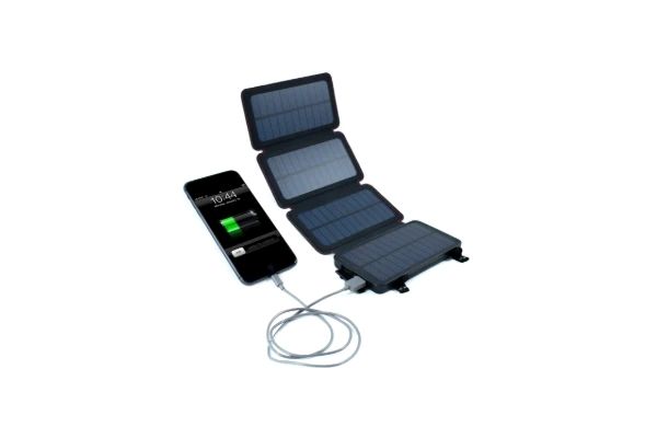 Survival Frog QuadraPro solar power bank with four unfolded solar panels connected to a smartphone by USB cable.