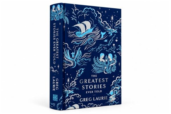 Blue hardcover edition of The Greatest Stories Ever Told by Pastor Greg Laurie, featuring illustrated biblical scenes and decorative artwork.