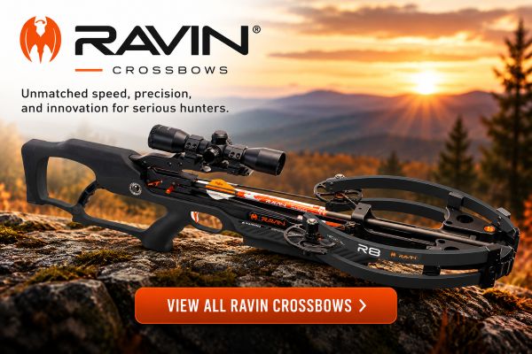 Ravin R8 crossbow displayed against a mountain sunset with Ravin branding and View All Ravin Crossbows button.