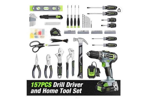 WORKPRO 157-piece home repair tool kit featuring a 20V cordless drill, hammer, screwdrivers, pliers, wrenches, drill bits, and accessories.