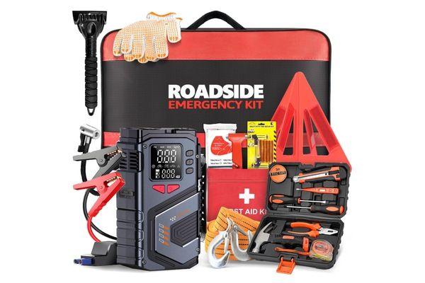 Wanderblooms roadside emergency kit with 6000A jump starter, air compressor, first aid supplies, warning triangle, tools, and carrying case.