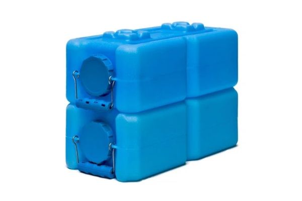 Two blue WaterBrick 3.5-gallon water storage containers stacked together with secure screw-on lids.