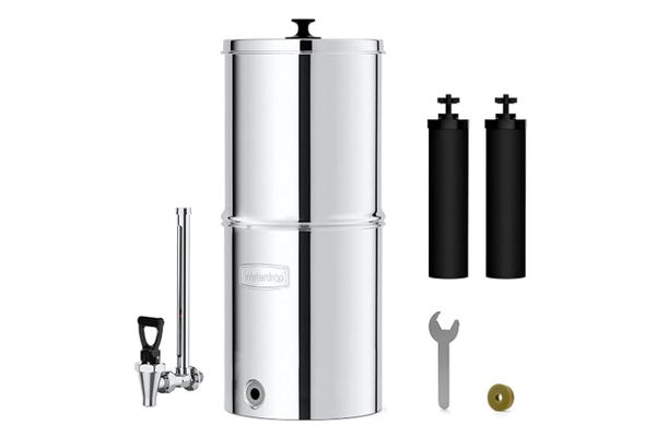 Waterdrop TK stainless steel gravity water filter with two carbon filters, spigot, and accessories.