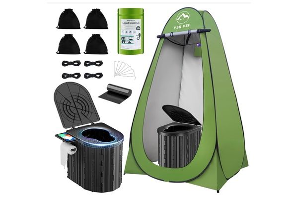 YSR VEF portable camping toilet kit with green pop-up privacy tent, folding toilet, waste bags, liquid waste gel, and accessories.